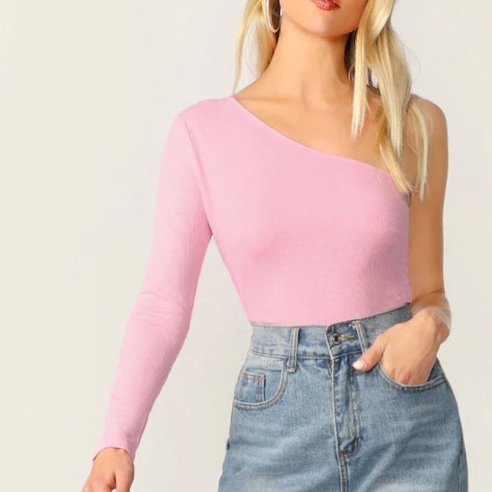 NWOT Ribbed Pink One Shoulder Slim Fitted Tee